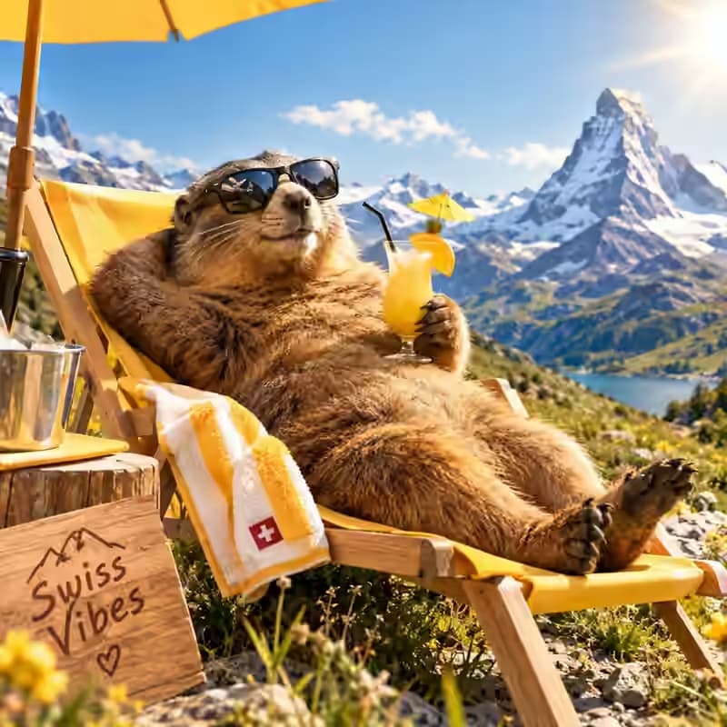 Murmeltier mit Sonnenbrille entspannt im gelben Liegestuhl vor dem Matterhorn, mit Drink, Sonnenschirm und Holzschild «Swiss Vibes»